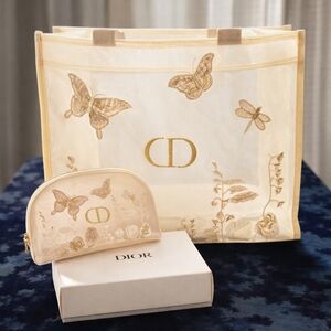 DIOR BUNDLE Mesh Tote Bag Pouch Embroidered Butterfly/Flower Details NEW GWP